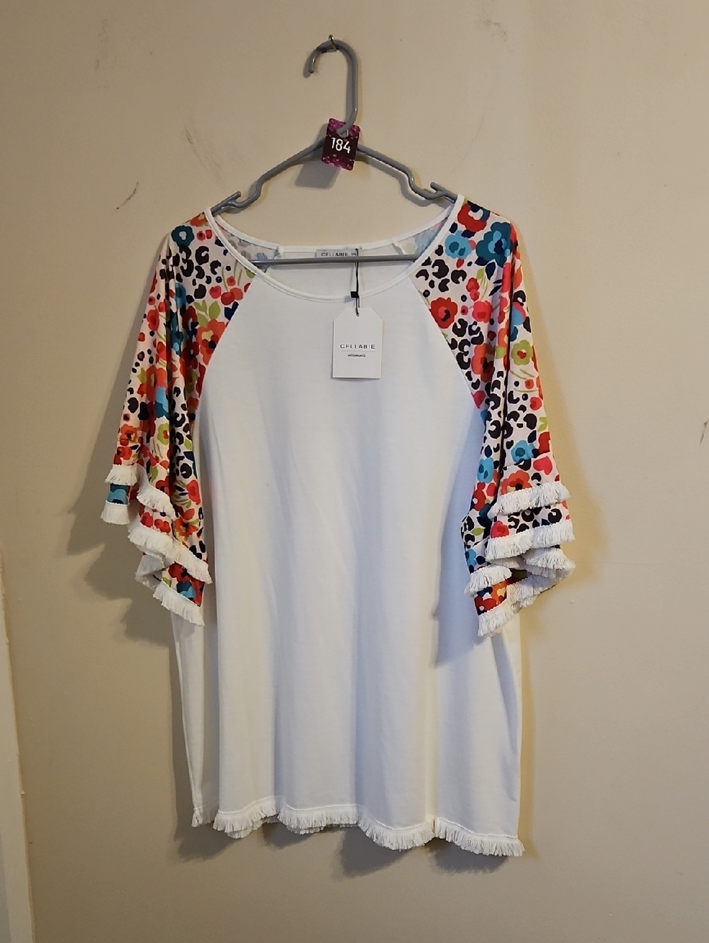 Cellabie White Patterned Sleeve Tunic Top.  NWT